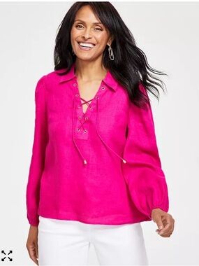 INC International Concepts Hot Pink Lace-Up Collared Blouse
